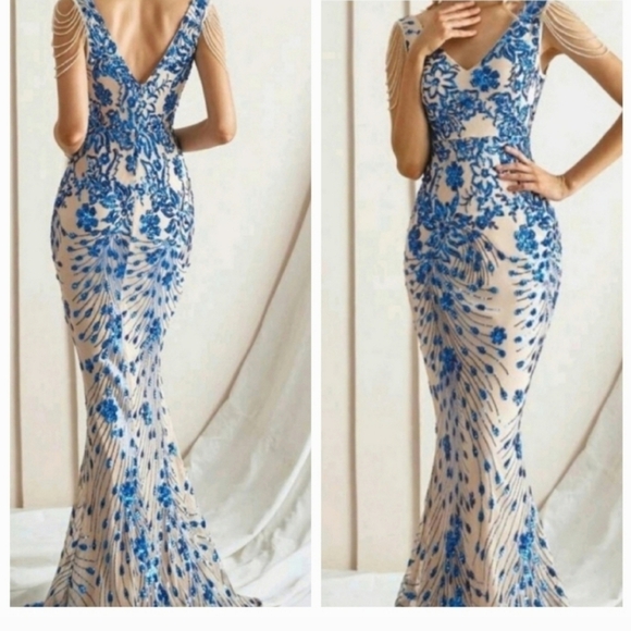 Blue, Floral Print, V Neck,  Beaded Draped Sleeves,  Sequined Mermaid Go… - Picture 3 of 12